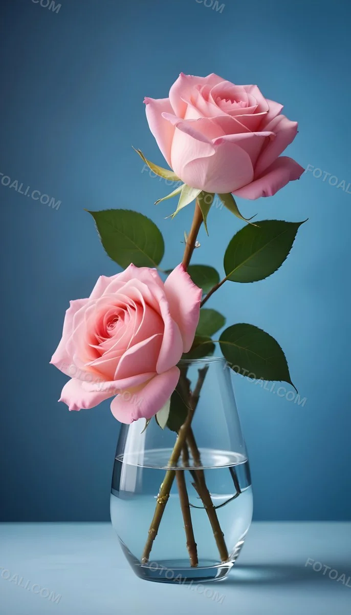 A Pink Rose In A Glass Vase Against A Blue Backgro 4 1b31