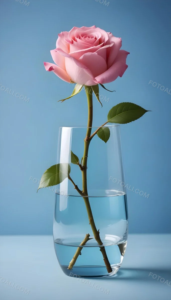 A Pink Rose In A Glass Vase Against A Blue Backgro 8 Abc1