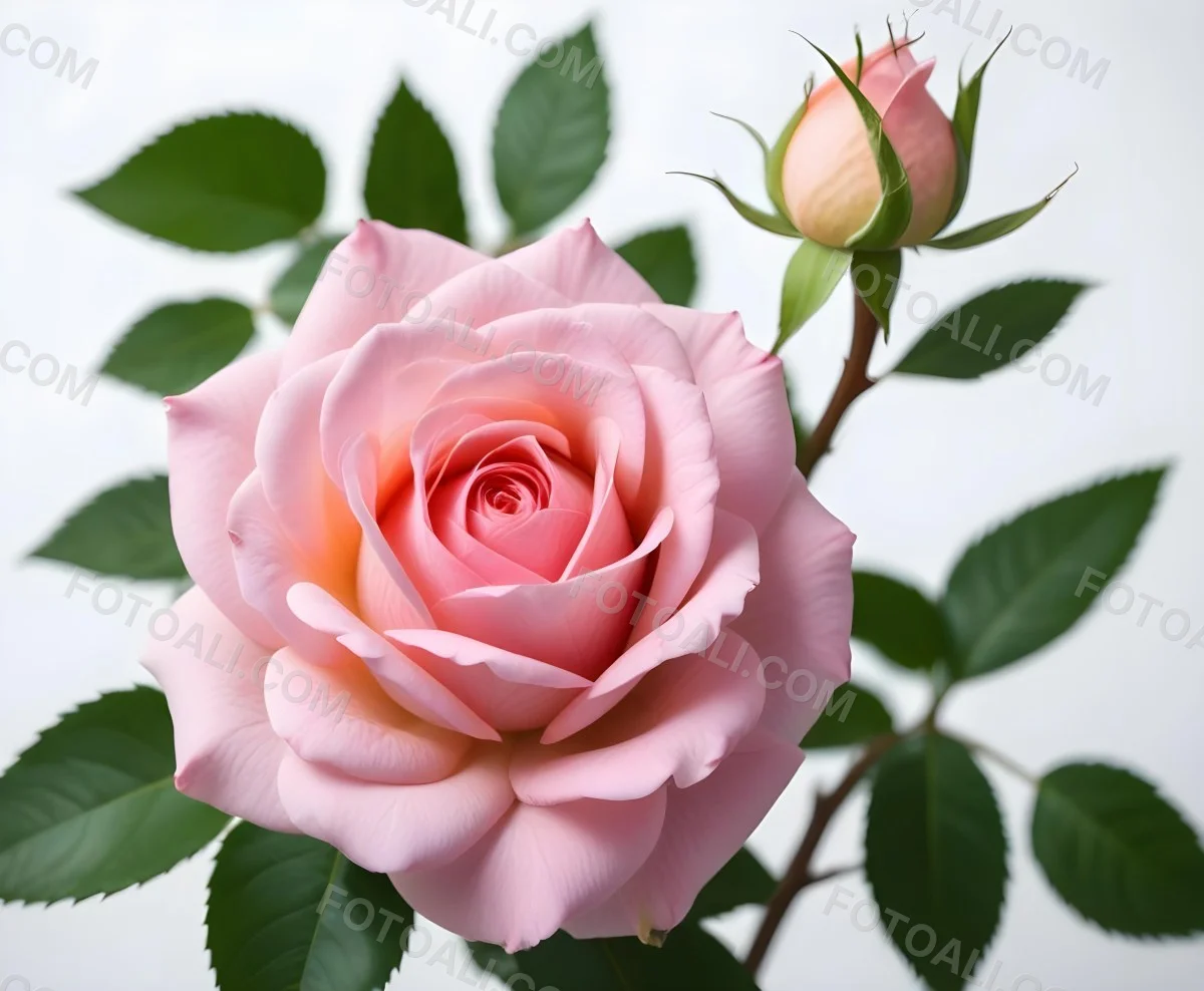 A Pink Rose With Green Leaves And Stem Isolated On A White Background Soft Lighting Close Up Shot Focus On The Leaves Vibrant Colors Natural Texture 1 6783