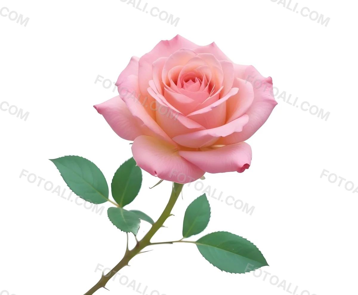 A Pink Rose With Green Leaves And Stem Isolated On A White Background Soft Lighting Close Up Shot Focus On The Leaves Vibrant Colors Natural Texture 14 4ff2