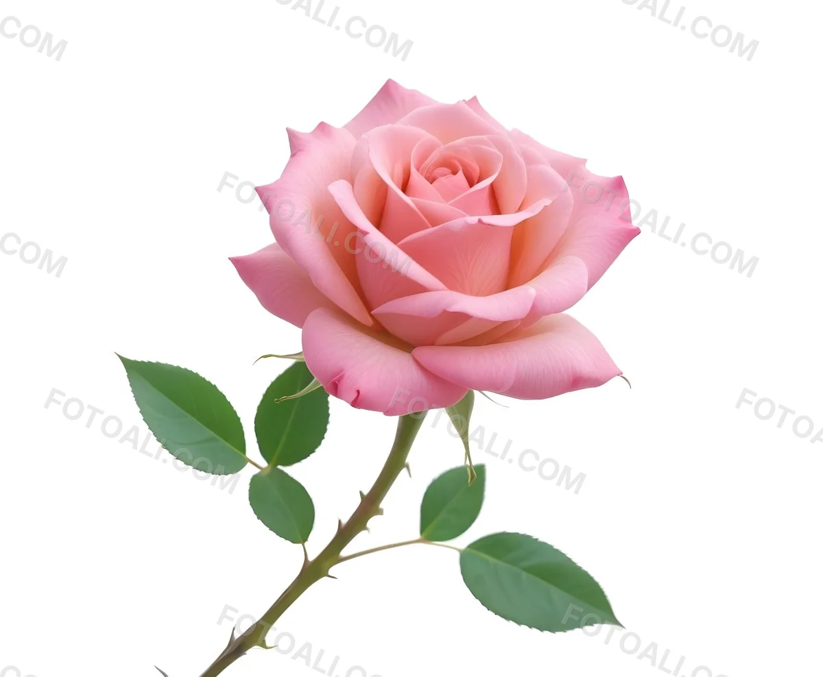 A Pink Rose With Green Leaves And Stem Isolated On A White Background Soft Lighting Close Up Shot Focus On The Leaves Vibrant Colors Natural Texture 16 F71a