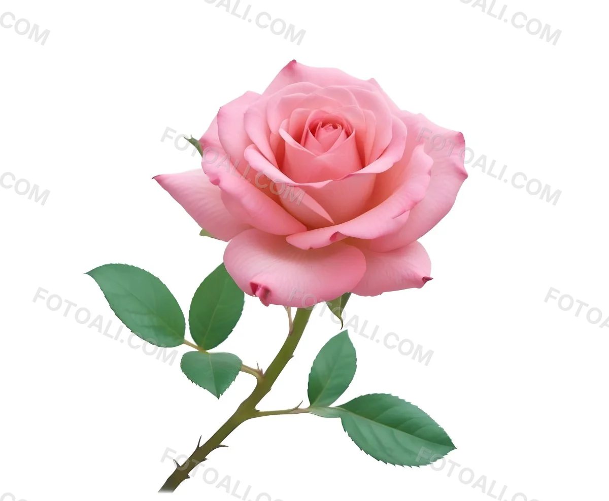 A Pink Rose With Green Leaves And Stem Isolated On A White Background Soft Lighting Close Up Shot Focus On The Leaves Vibrant Colors Natural Texture 18 5e2c
