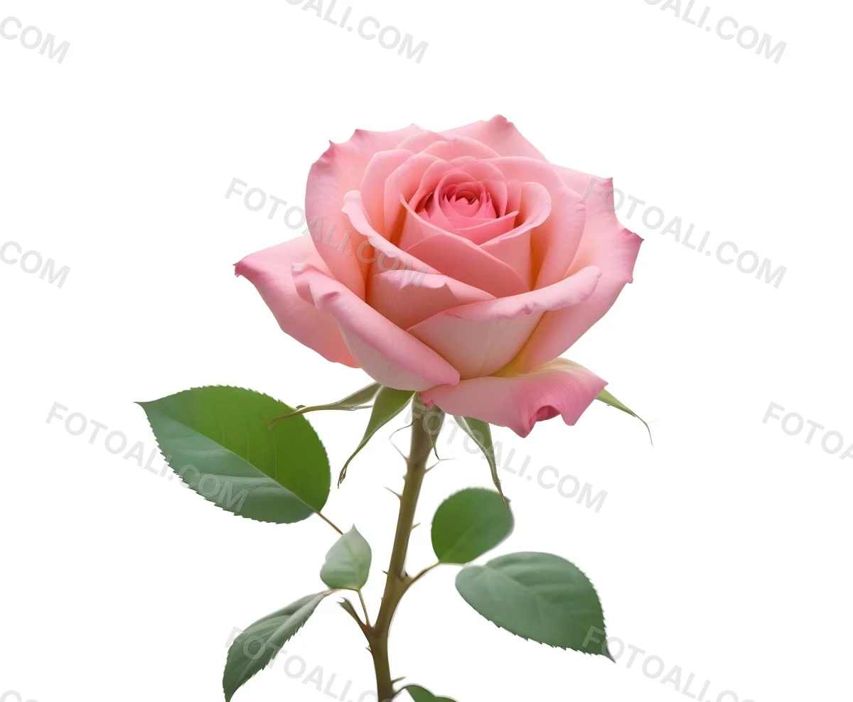 A Pink Rose With Green Leaves And Stem Isolated On A White Background Soft Lighting Close Up Shot Focus On The Leaves Vibrant Colors Natural Texture 23 77d8