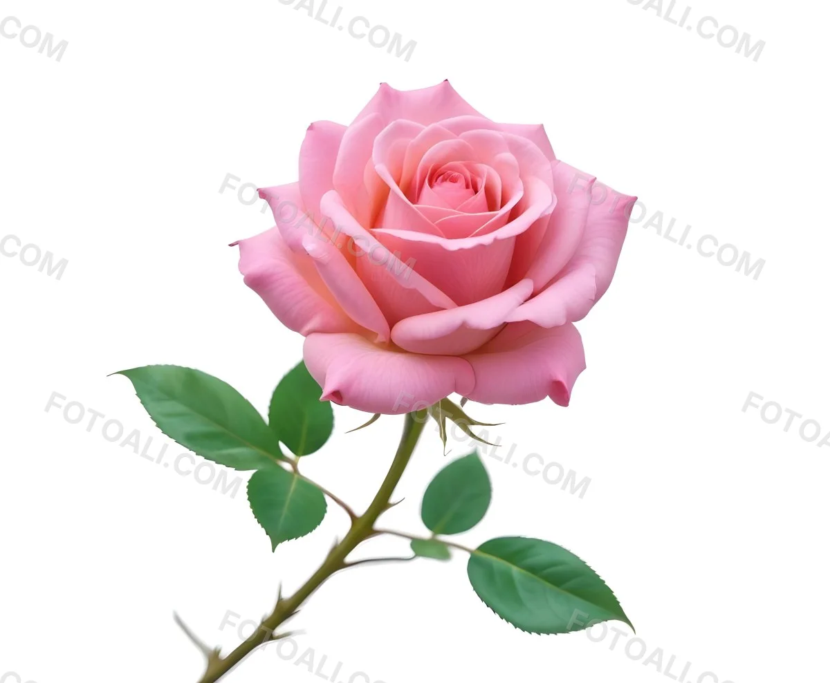 A Pink Rose With Green Leaves And Stem Isolated On A White Background Soft Lighting Close Up Shot Focus On The Leaves Vibrant Colors Natural Texture 30 42ac