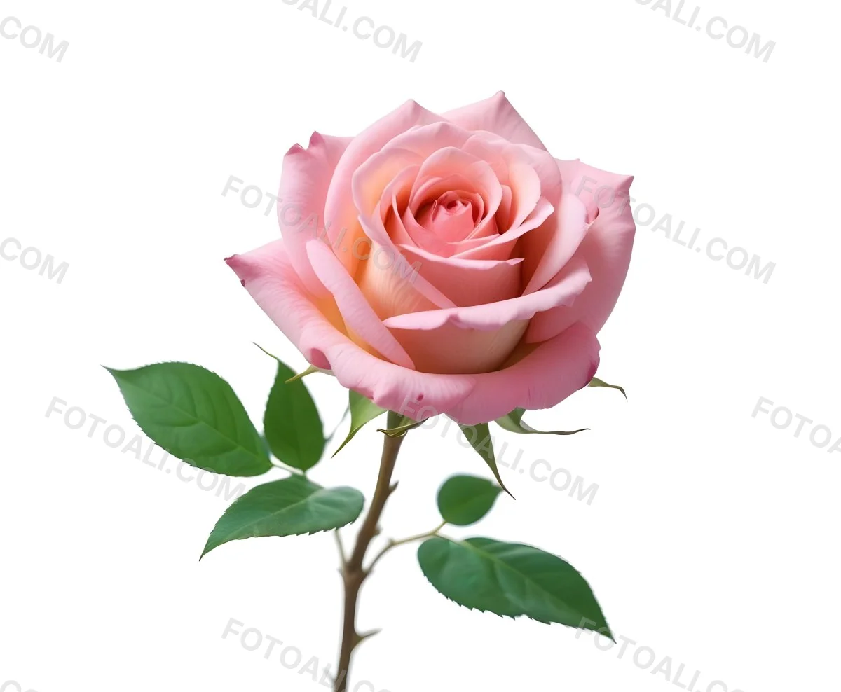 A Pink Rose With Green Leaves And Stem Isolated On A White Background Soft Lighting Close Up Shot Focus On The Leaves Vibrant Colors Natural Texture 31 Acc3