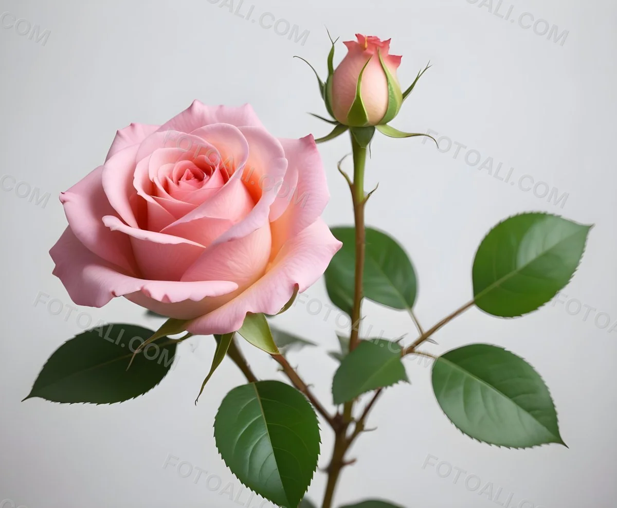 A Pink Rose With Green Leaves And Stem Isolated On A White Background Soft Lighting Close Up Shot Focus On The Leaves Vibrant Colors Natural Texture 35 C8e3