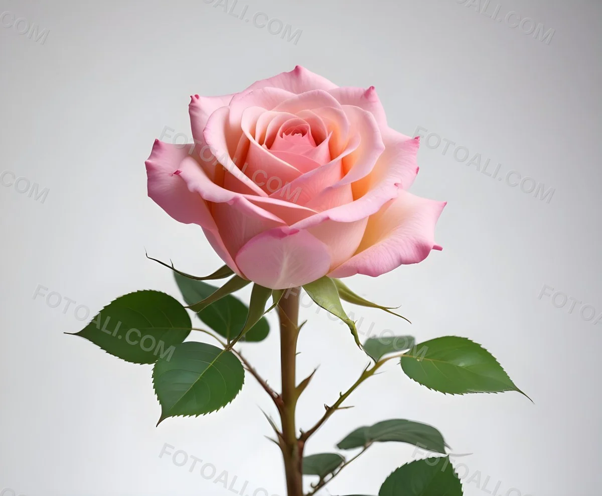 A Pink Rose With Green Leaves And Stem Isolated On A White Background Soft Lighting Close Up Shot Focus On The Leaves Vibrant Colors Natural Texture 37 6e48