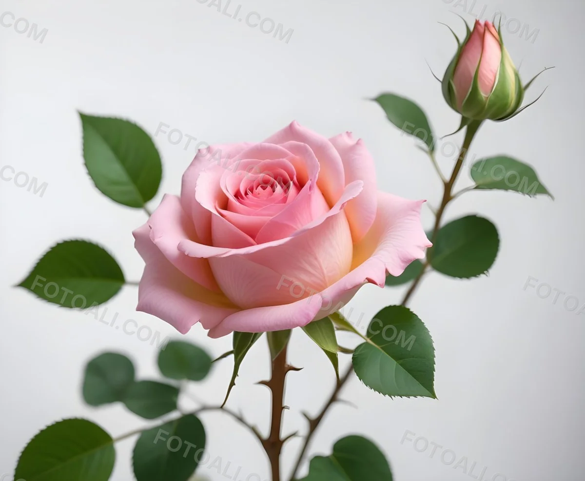 A Pink Rose With Green Leaves And Stem Isolated On A White Background Soft Lighting Close Up Shot Focus On The Leaves Vibrant Colors Natural Texture 38 F230