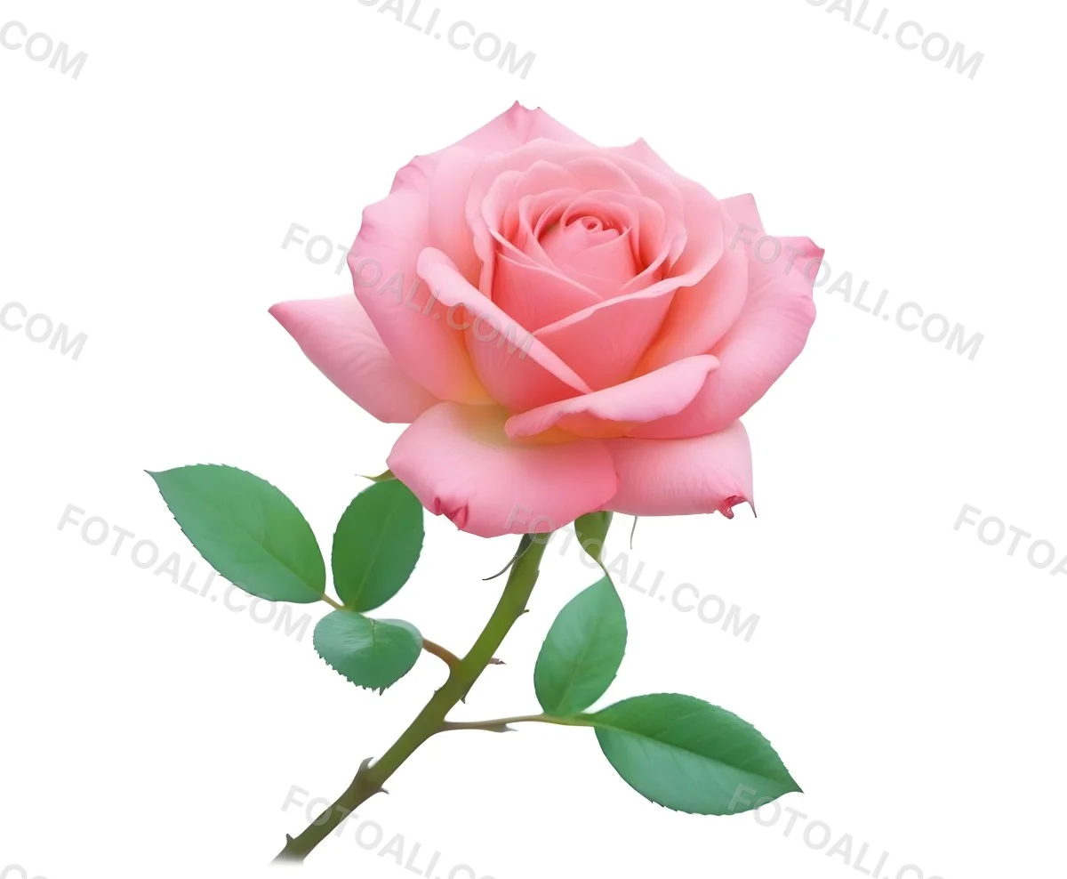 A Pink Rose With Green Leaves And Stem Isolated On A White Background Soft Lighting Close Up Shot Focus On The Leaves Vibrant Colors Natural Texture 4 45b8