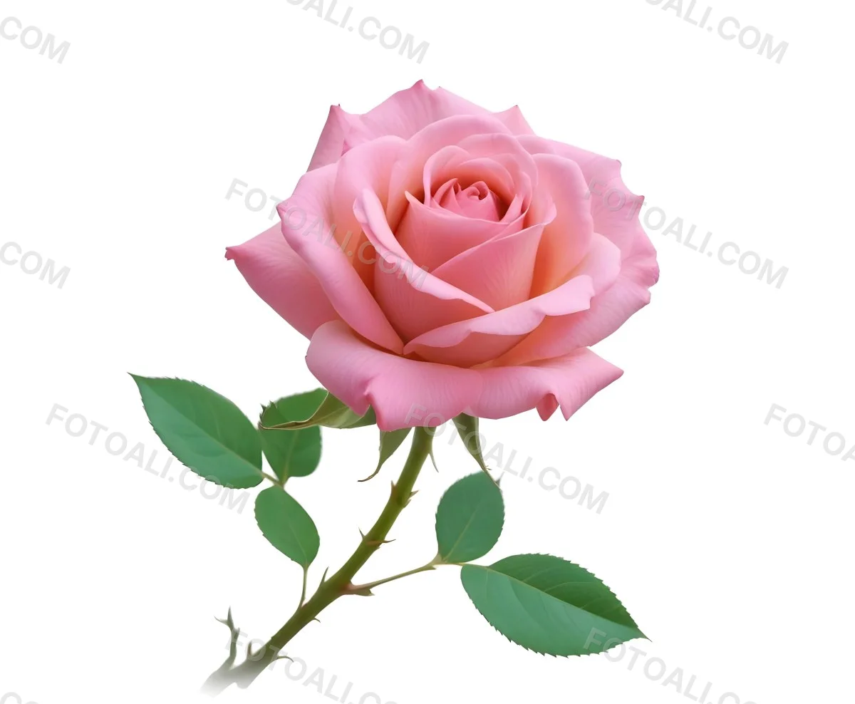 A Pink Rose With Green Leaves And Stem Isolated On A White Background Soft Lighting Close Up Shot Focus On The Leaves Vibrant Colors Natural Texture 41 B9a0
