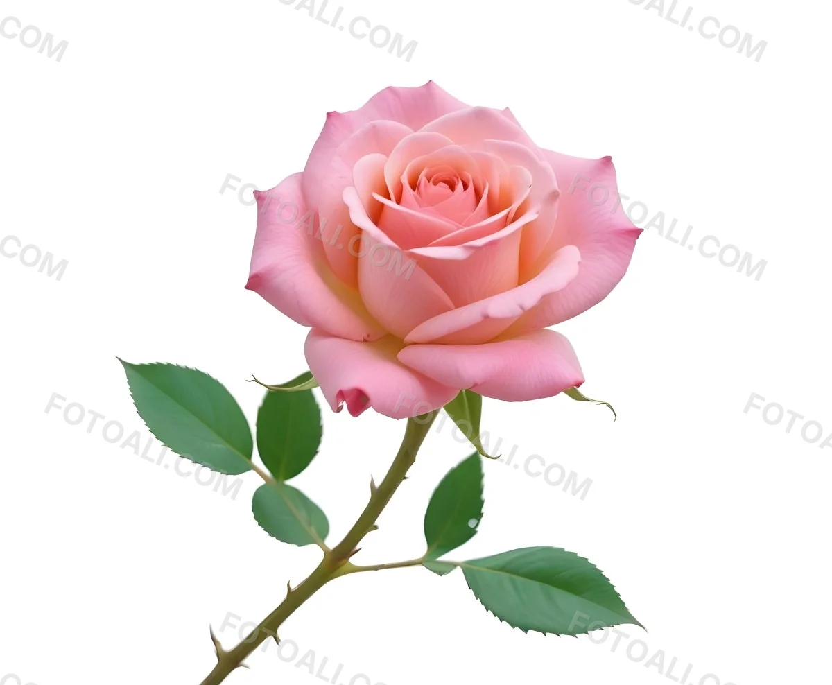 A Pink Rose With Green Leaves And Stem Isolated On A White Background Soft Lighting Close Up Shot Focus On The Leaves Vibrant Colors Natural Texture 8 9707