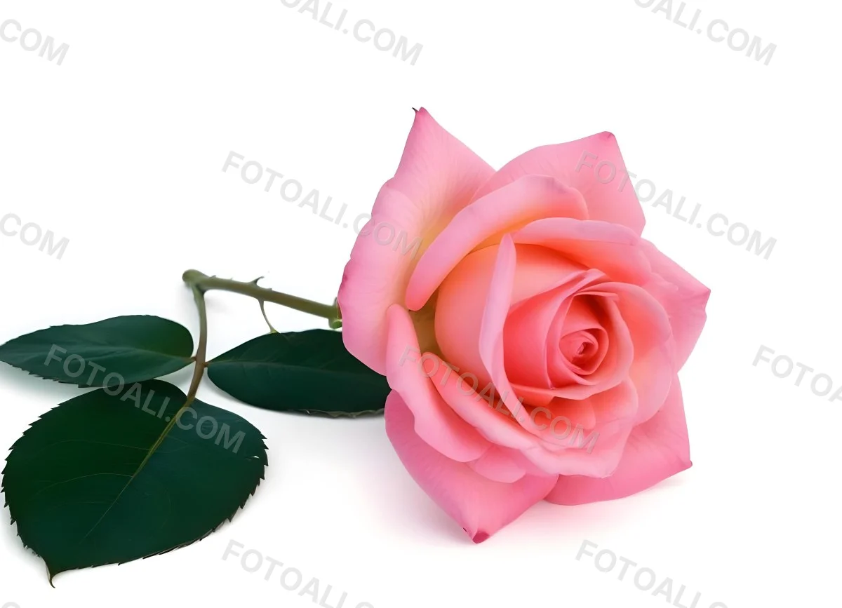 A Pink Rose With Green Leaves On A White Background The Flower Is In Full Bloom The Stem Is Short And Thin 18 A32f