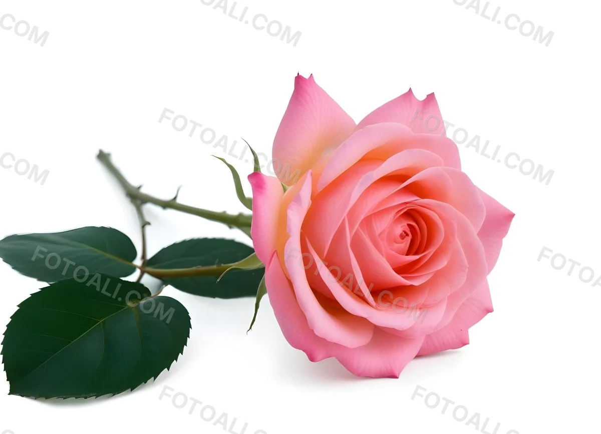 A Pink Rose With Green Leaves On A White Background The Flower Is In Full Bloom The Stem Is Short And Thin 21 666c