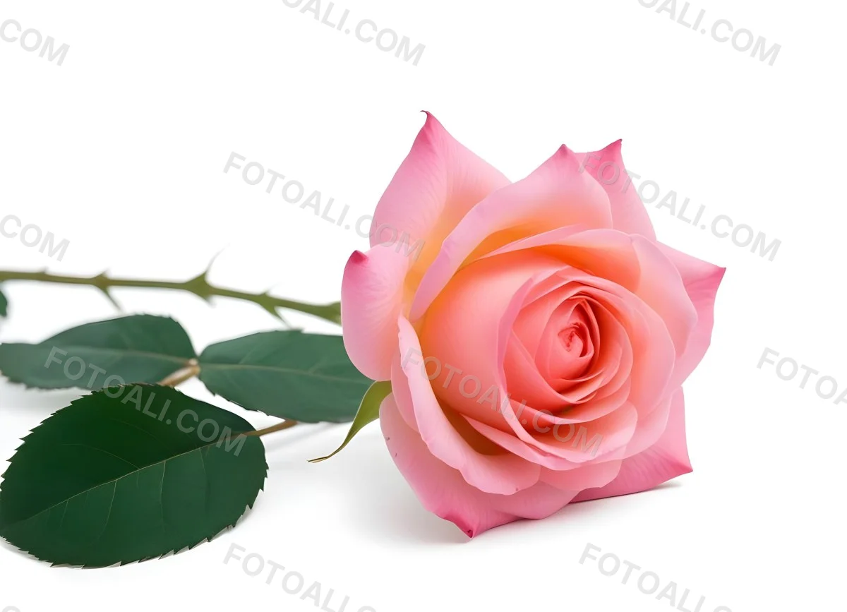 A Pink Rose With Green Leaves On A White Background The Flower Is In Full Bloom The Stem Is Short And Thin 22 5637