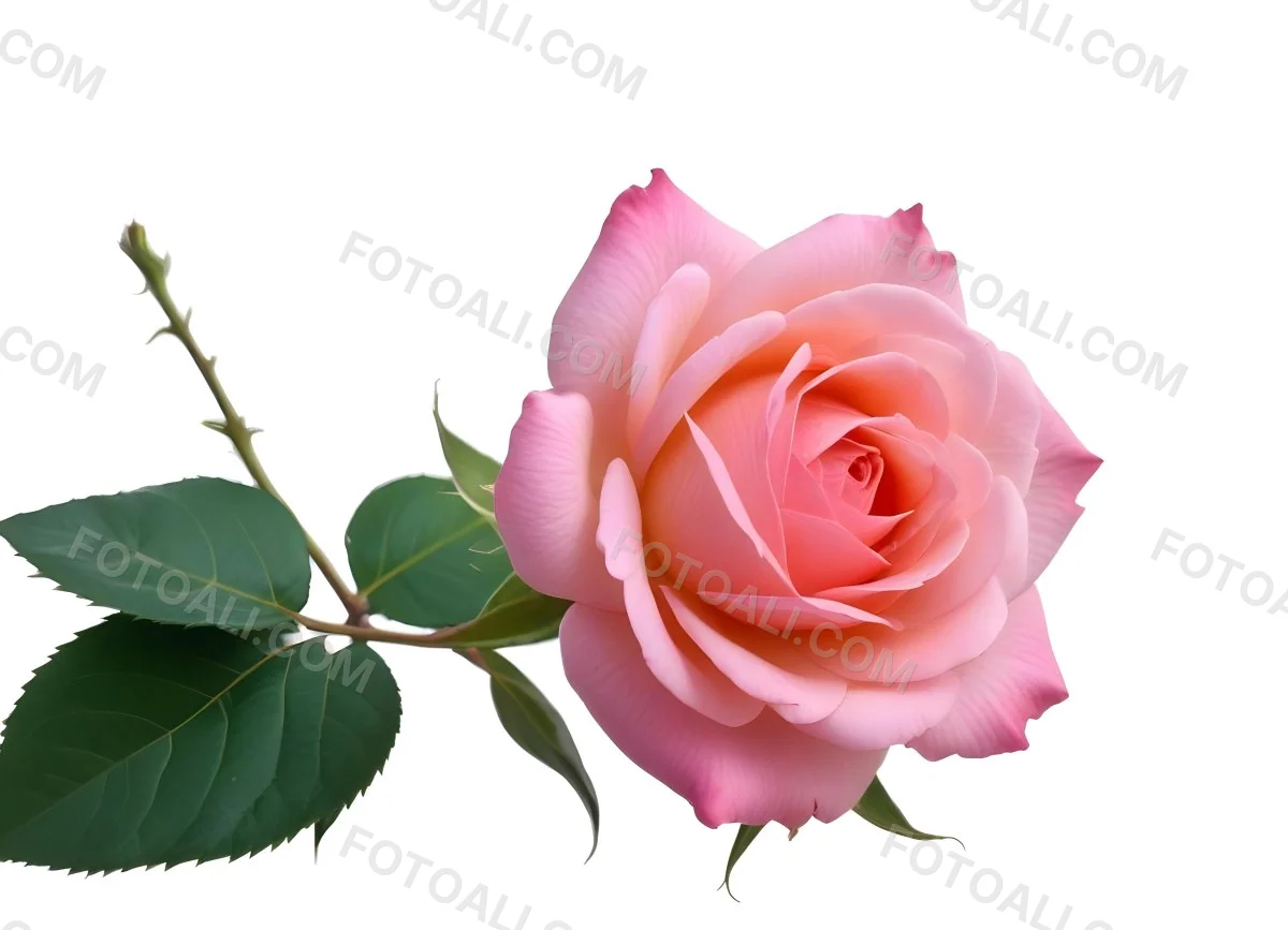 A Pink Rose With Green Leaves On A White Background The Flower Is In Full Bloom The Stem Is Short And Thin 27 9ba1