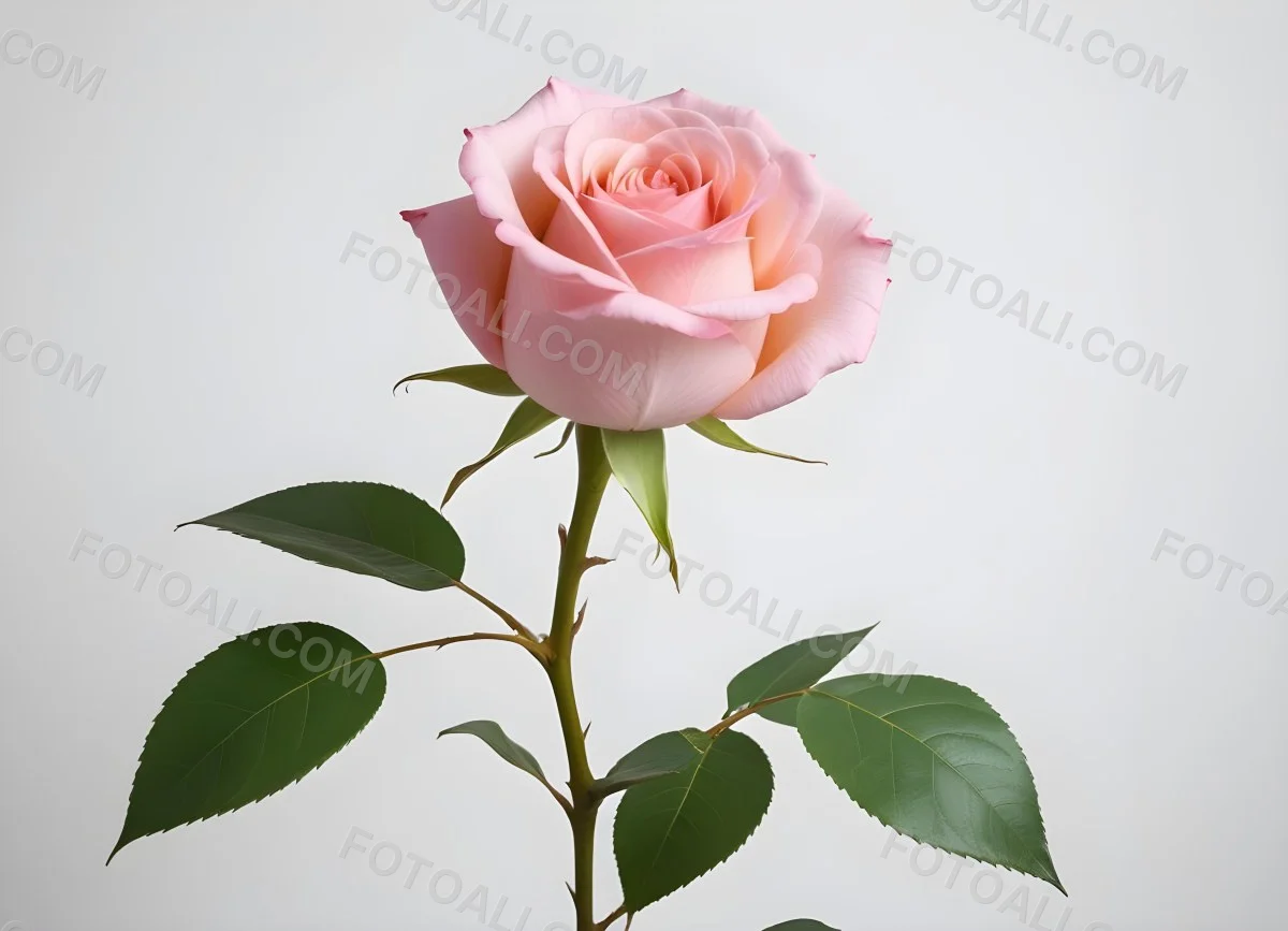 A Pink Rose With Green Leaves On A White Background The Flower Is In Full Bloom The Stem Is Short And Thin 32 B9ff