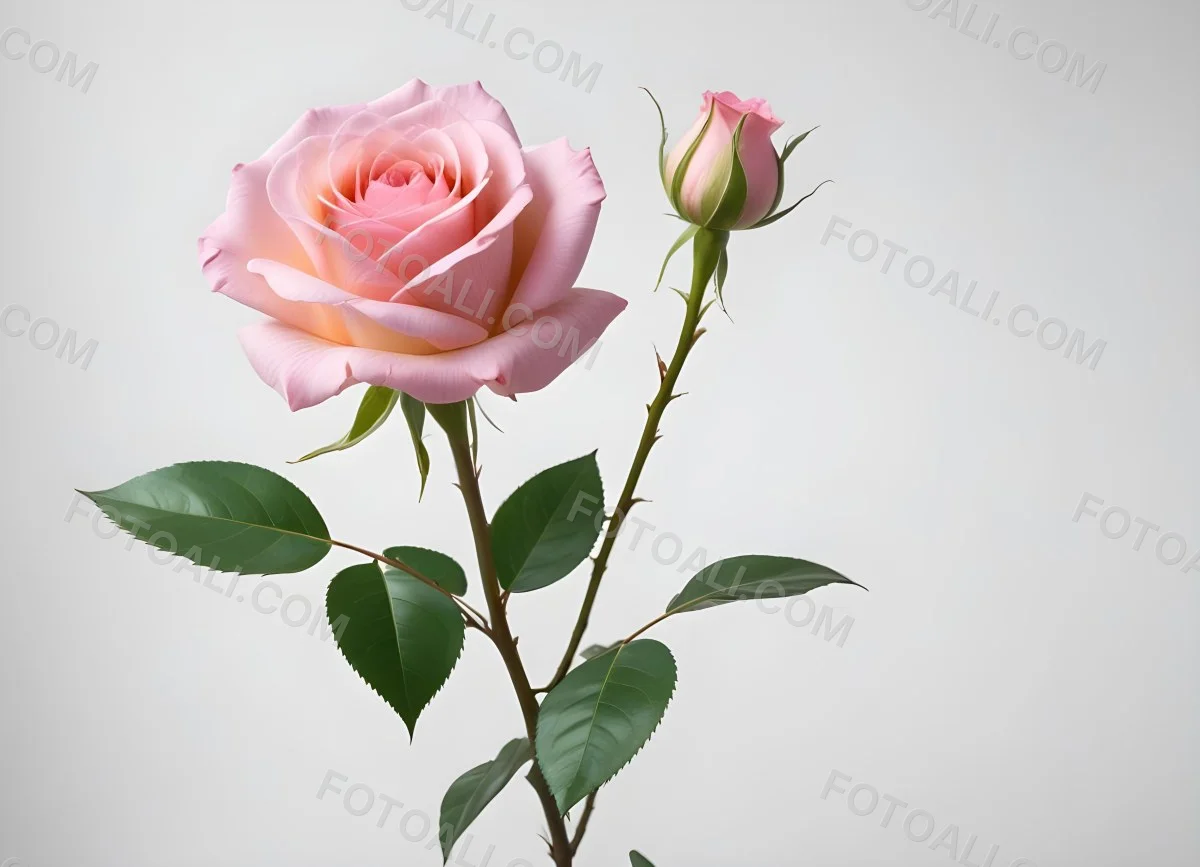 A Pink Rose With Green Leaves On A White Background The Flower Is In Full Bloom The Stem Is Short And Thin 34 2303