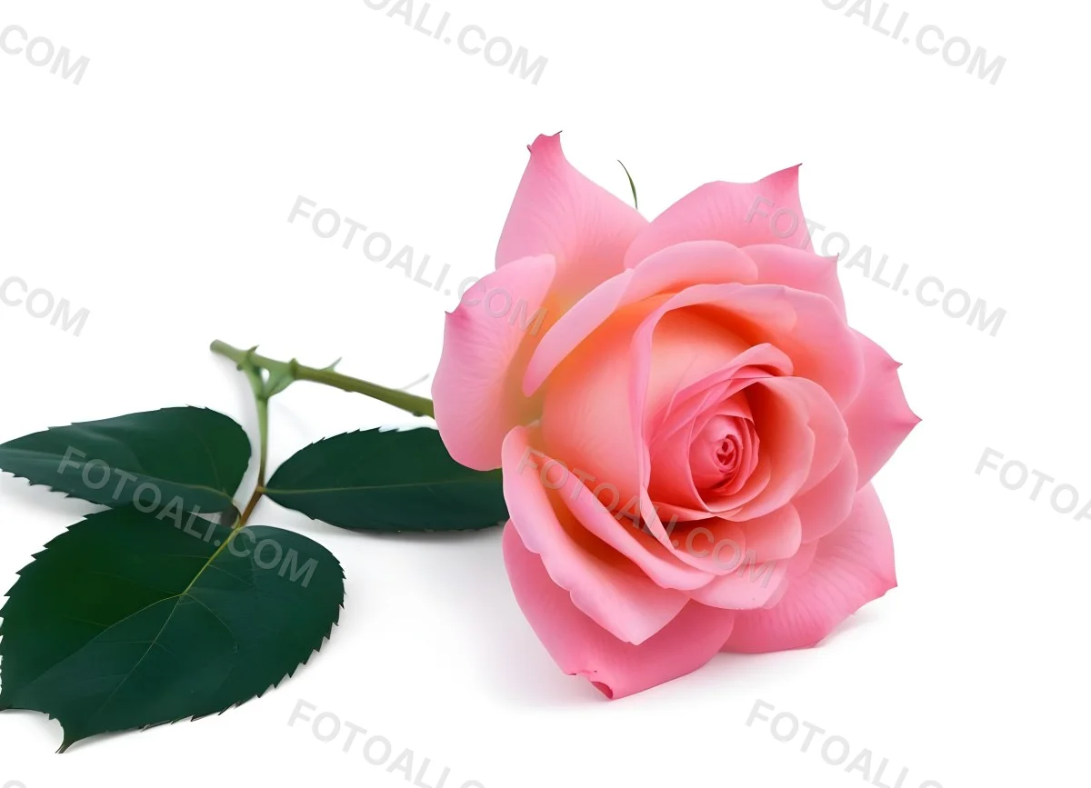 A Pink Rose With Green Leaves On A White Background The Flower Is In Full Bloom The Stem Is Short And Thin 35 8d22