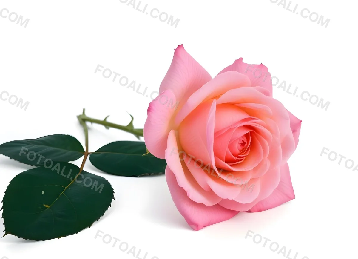 A Pink Rose With Green Leaves On A White Background The Flower Is In Full Bloom The Stem Is Short And Thin 39 55c7