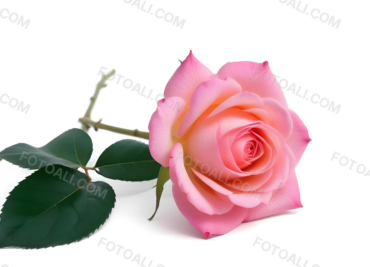 A Pink Rose With Green Leaves On A White Background The Flower Is In Full Bloom The Stem Is Short And Thin 4 614f