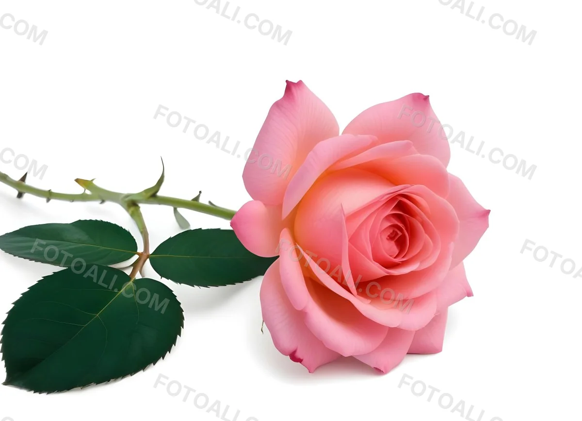 A Pink Rose With Green Leaves On A White Background The Flower Is In Full Bloom The Stem Is Short And Thin 5 E081