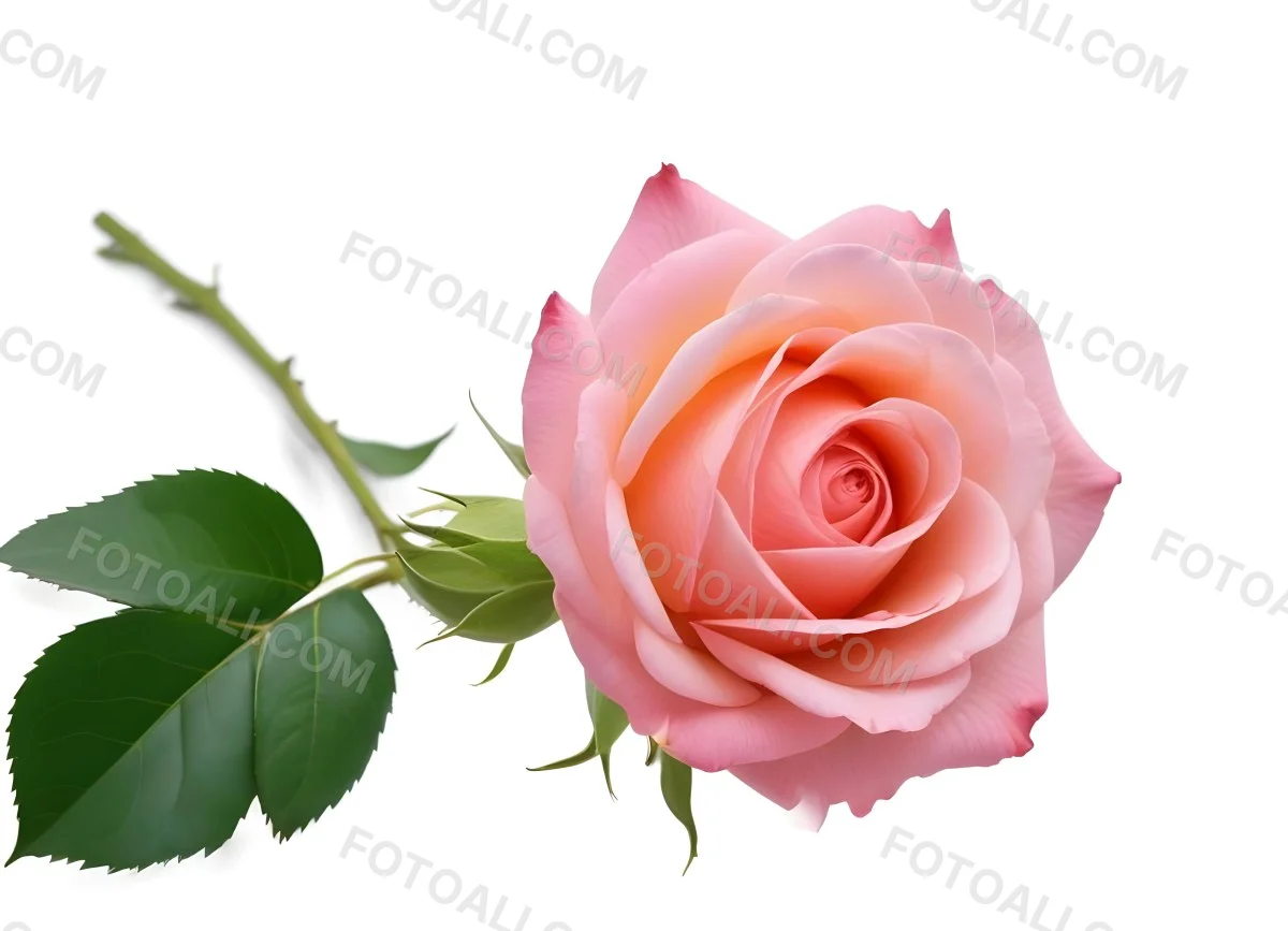 A Pink Rose With Green Leaves On A White Background The Flower Is In Full Bloom The Stem Is Short And Thin 6 169c