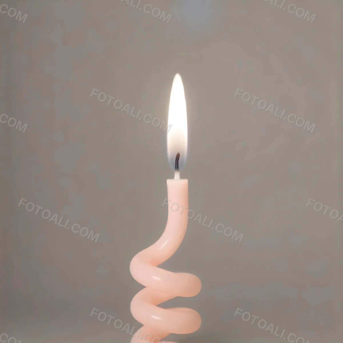 A Pink Spiral Candle With A Bright Flame On Top Casting A Bright Glow Simple Gray Background 14 016f