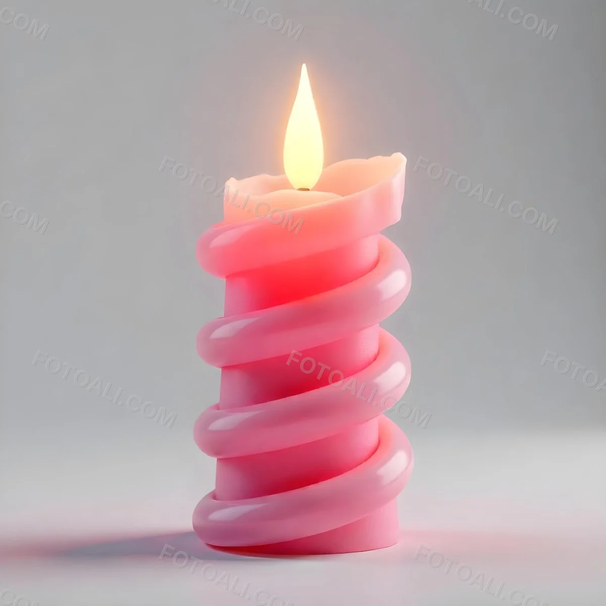 A Pink Spiral Candle With A Bright Flame On Top Casting A Bright Glow Simple Gray Background 2 F784