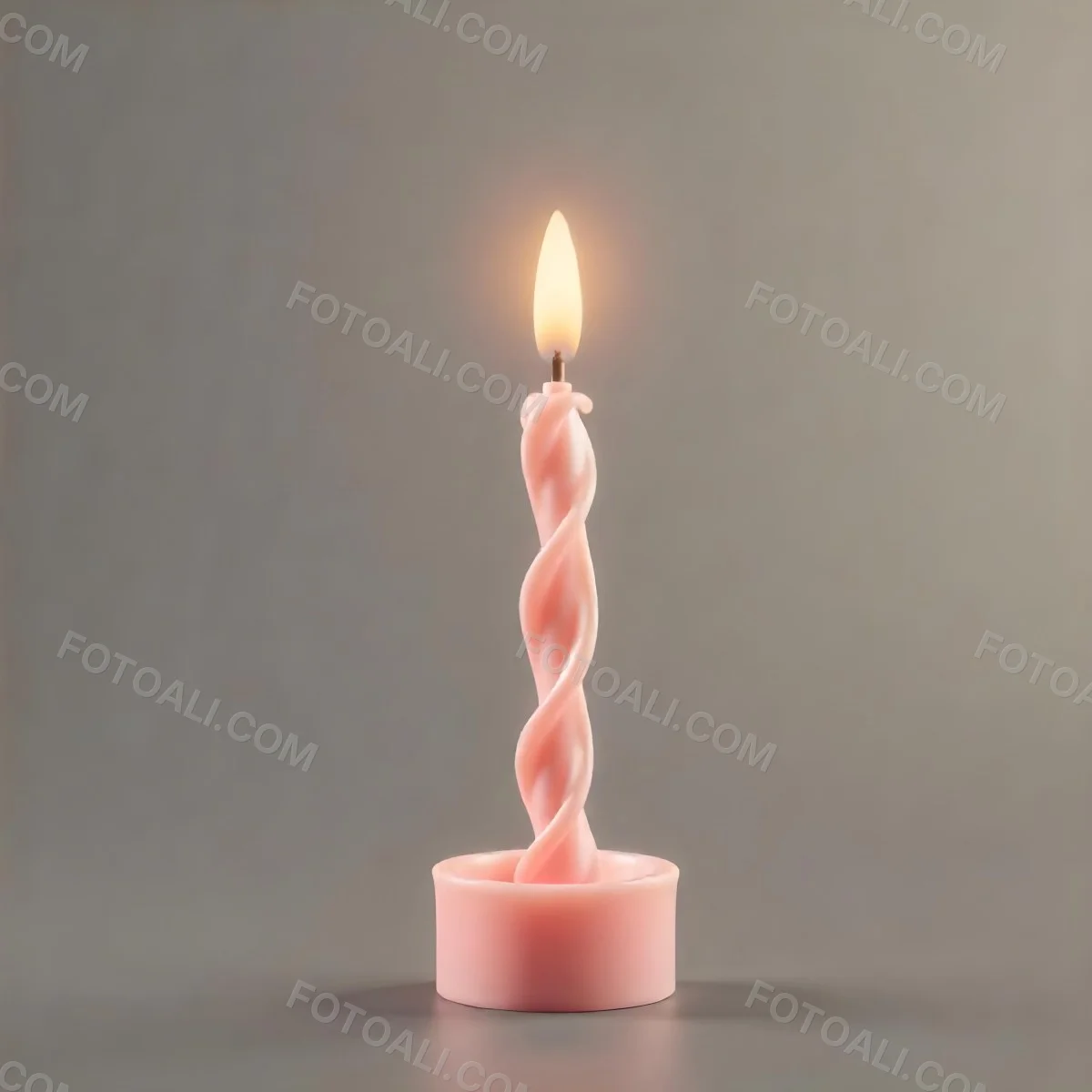 A Pink Spiral Candle With A Bright Flame On Top Casting A Bright Glow Simple Gray Background 20 A6f5