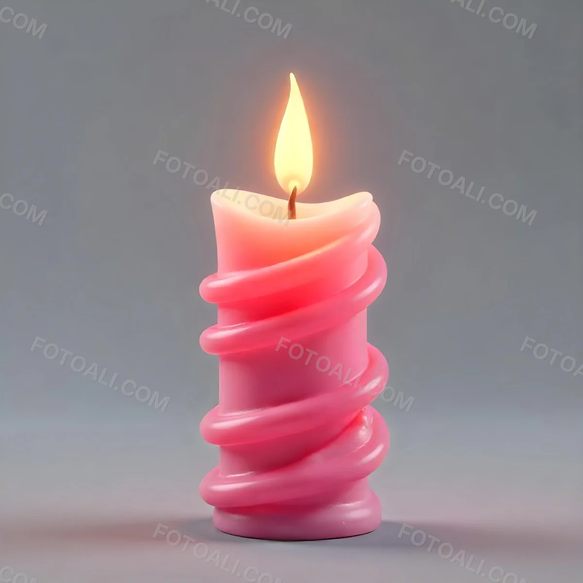 A Pink Spiral Candle With A Bright Flame On Top Casting A Bright Glow Simple Gray Background 4 Dbbe