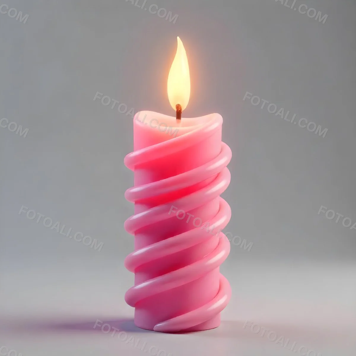A Pink Spiral Candle With A Bright Flame On Top Casting A Bright Glow Simple Gray Background 7 86fe