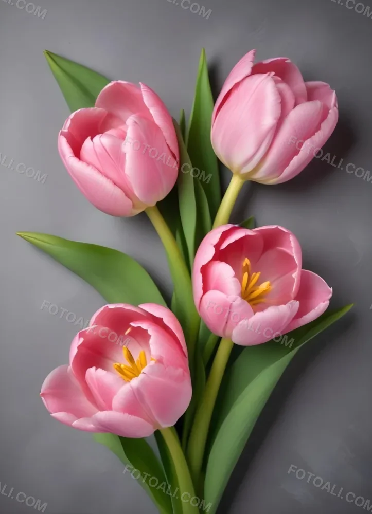 A Pink Tulip Flower With Green Stems In Front Of A Blank White Paper Sheet 53 C253