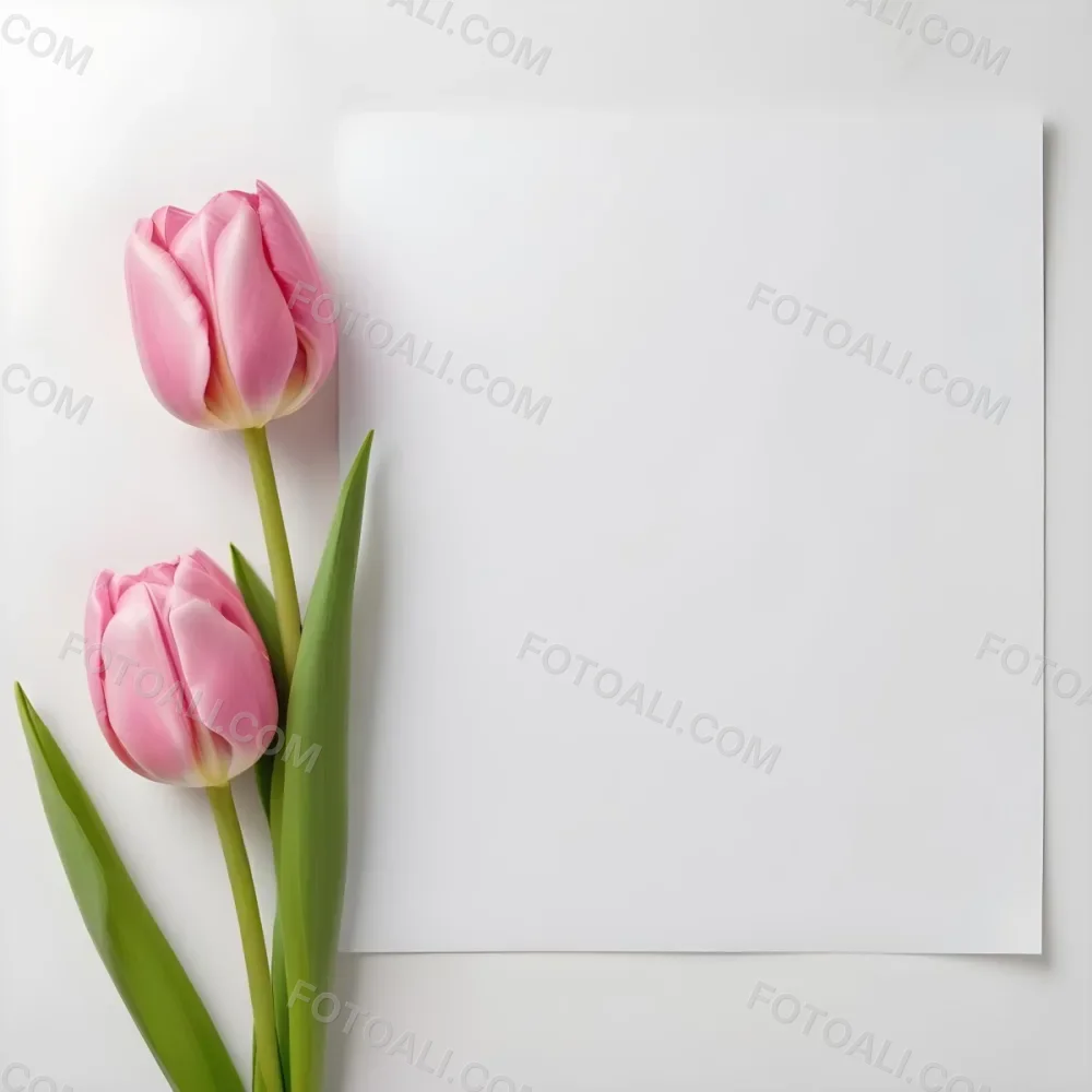 A Pink Tulip Flower With Green Stems In Front Of A Blank White Paper Sheet 7 7e60