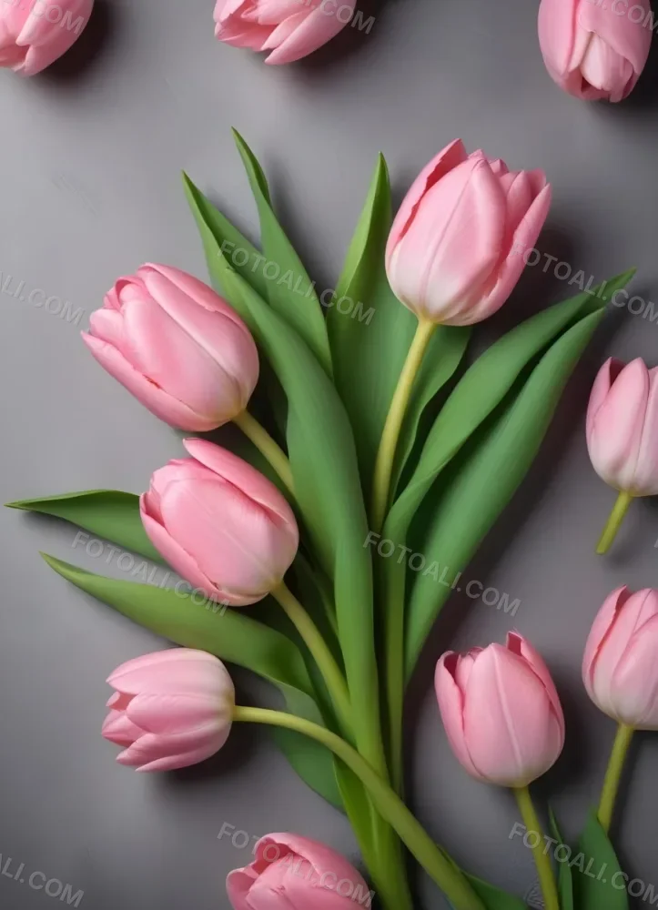 A Pink Tulip Flower With Green Stems In Front Of A Blank White Paper Sheet 71 3879