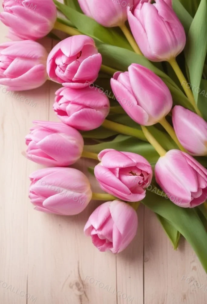 A Pink Tulip Flower With Green Stems In Front Of A Blank White Paper Sheet 94 7320