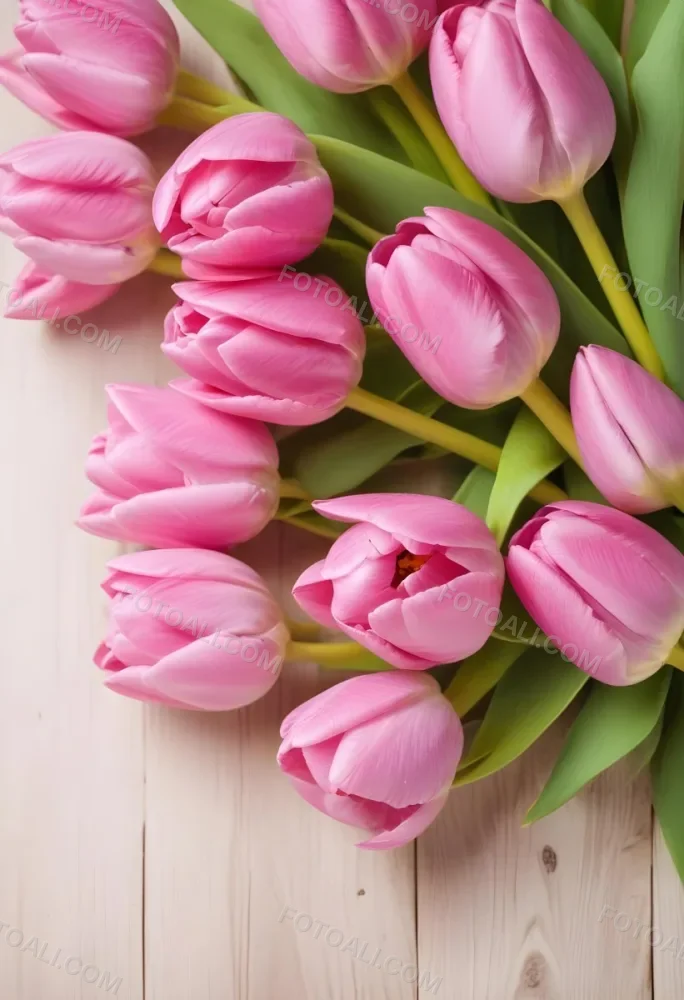 A Pink Tulip Flower With Green Stems In Front Of A Blank White Paper Sheet 96 10ed