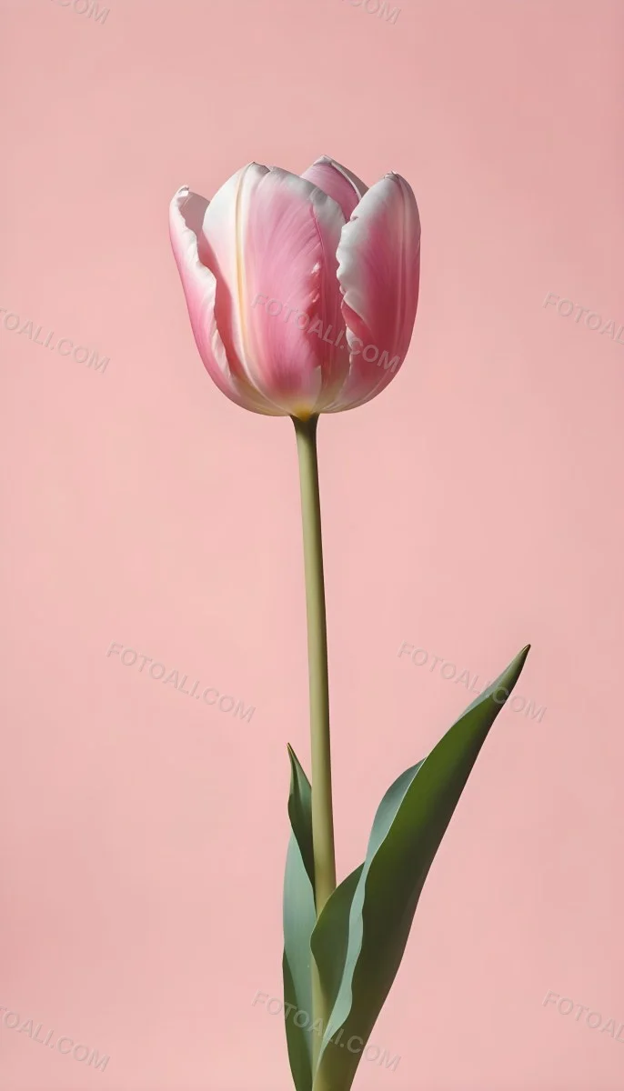 A Pink Tulip With White Edges A Green Stem And Leaves In Front Of A Green Background 20 D77b