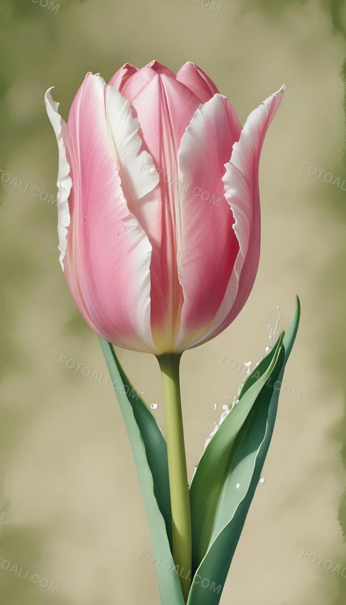 A Pink Tulip With White Edges A Green Stem And Leaves In Front Of A Green Background 21 B048