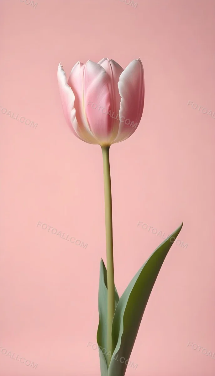 A Pink Tulip With White Edges A Green Stem And Leaves In Front Of A Green Background 30 Da9c