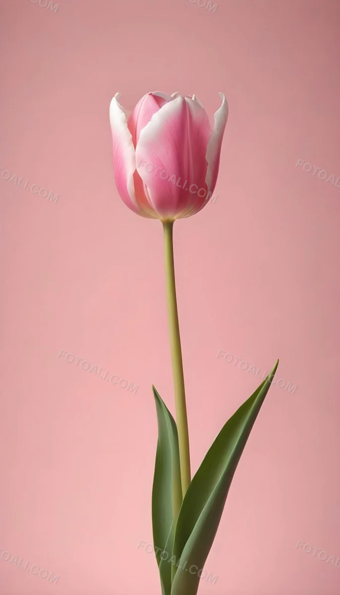 A Pink Tulip With White Edges A Green Stem And Leaves In Front Of A Green Background 36 7cfe