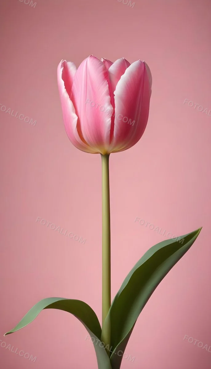 A Pink Tulip With White Edges A Green Stem And Leaves In Front Of A Green Background 37 7497