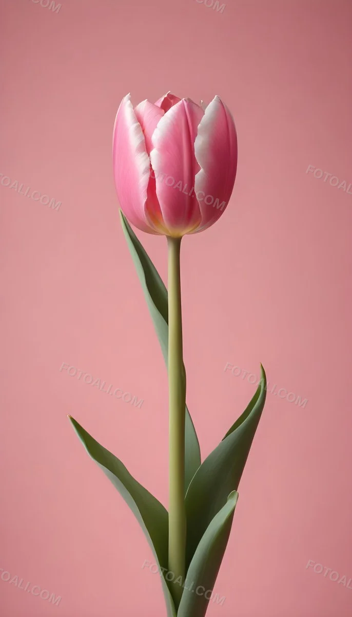 A Pink Tulip With White Edges A Green Stem And Leaves In Front Of A Green Background 39 C572