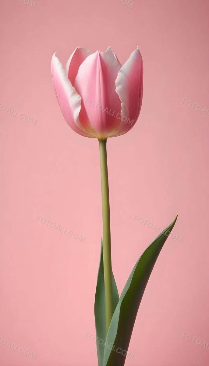 A Pink Tulip With White Edges A Green Stem And Leaves In Front Of A Green Background 45 3db8