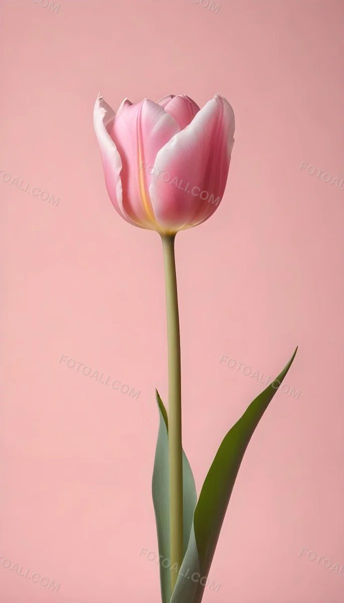 A Pink Tulip With White Edges A Green Stem And Leaves In Front Of A Green Background 52 7686