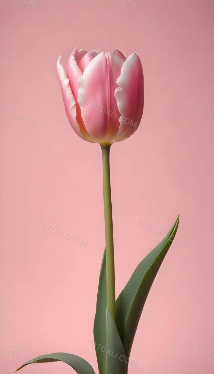 A Pink Tulip With White Edges A Green Stem And Leaves In Front Of A Green Background 54 E6ba