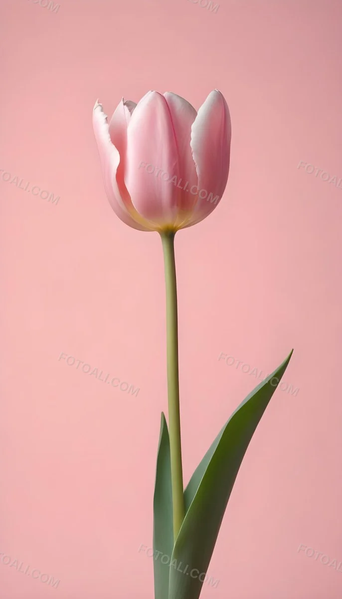 A Pink Tulip With White Edges A Green Stem And Leaves In Front Of A Green Background 68 2ed3