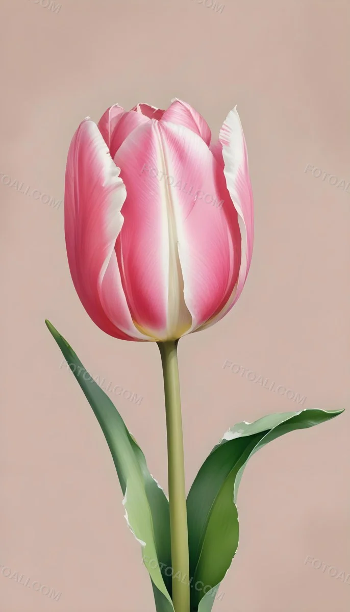 A Pink Tulip With White Edges A Green Stem And Leaves In Front Of A Green Background 8 7d3d