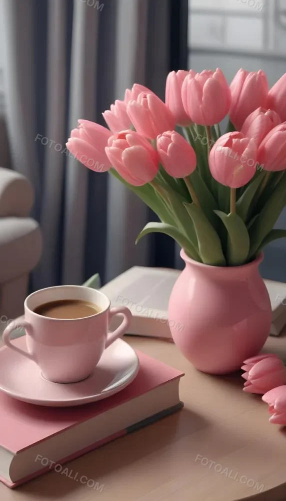 A Pink Vase With Pink Tulips A Cup Of Coffee With Milk And Some Books On A Table In A Living Room 11 D6ec