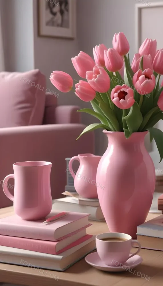 A Pink Vase With Pink Tulips A Cup Of Coffee With Milk And Some Books On A Table In A Living Room 18 C6b0