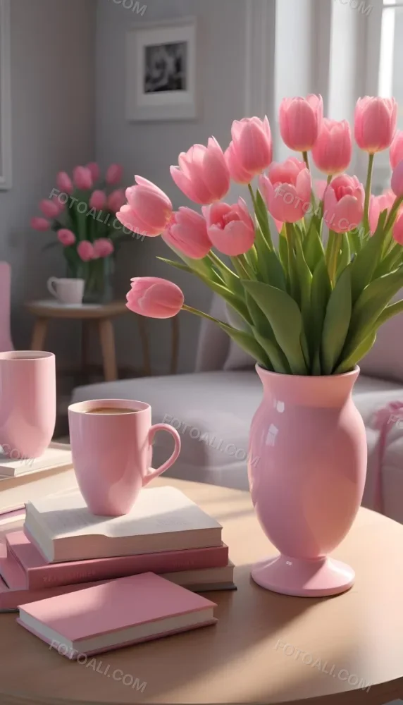 A Pink Vase With Pink Tulips A Cup Of Coffee With Milk And Some Books On A Table In A Living Room 2 4227